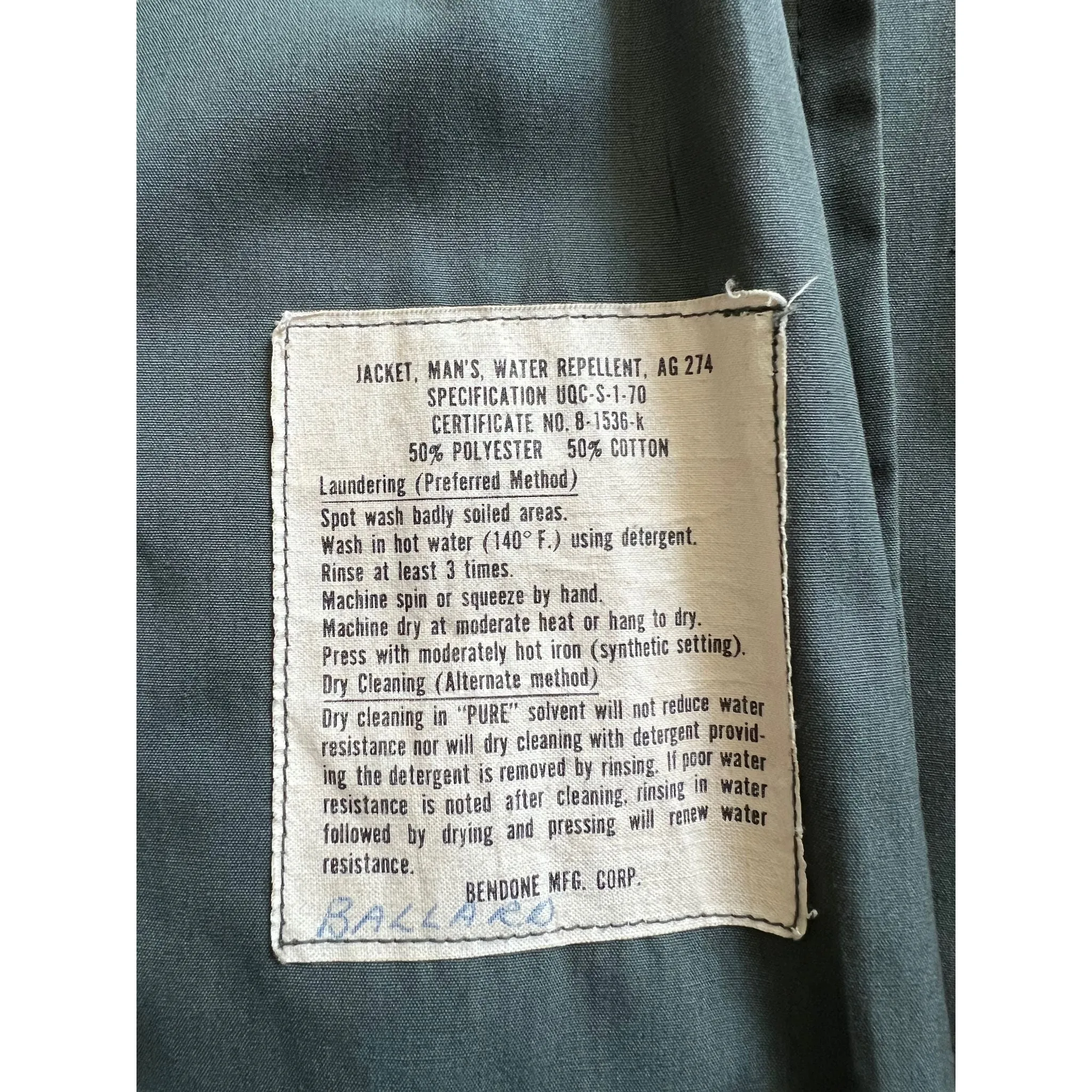 1970 Vietnam War Army Green Water Repellent Jacket AG 274