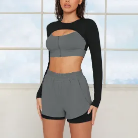 2Pcs Long Sleeve Push Up  Top & Shorts
