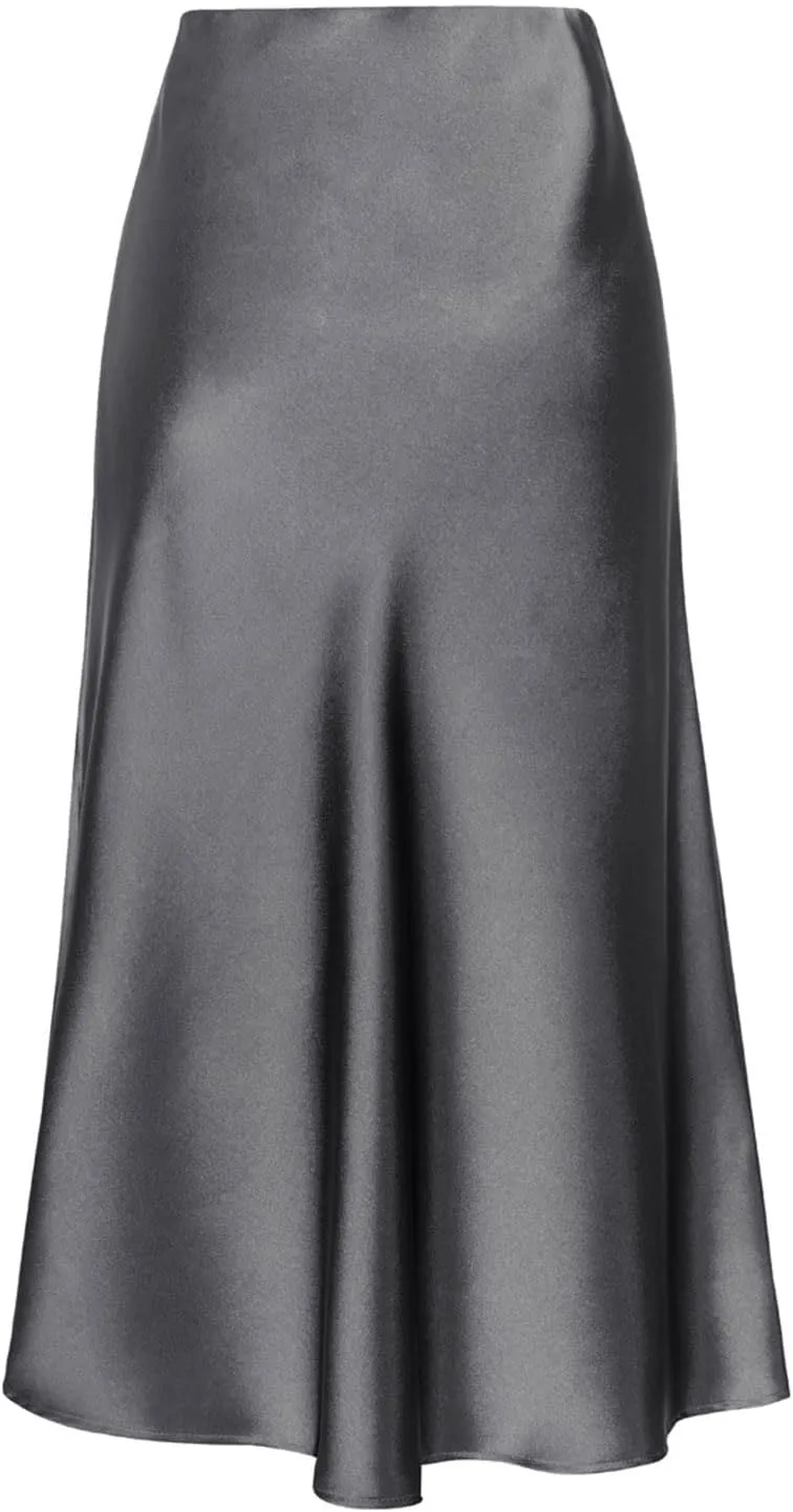 ATHX Women's Elegant Satin Midi Skirt Dressy Summer Casual High Waisted Solid Silk Split Cocktail Party Skirts