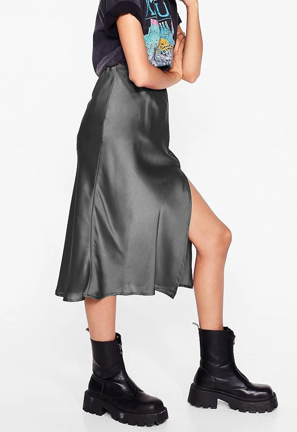 ATHX Women's Elegant Satin Midi Skirt Dressy Summer Casual High Waisted Solid Silk Split Cocktail Party Skirts