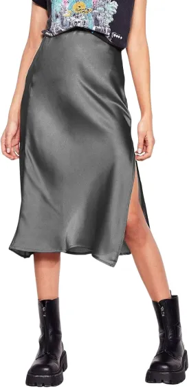 ATHX Women's Elegant Satin Midi Skirt Dressy Summer Casual High Waisted Solid Silk Split Cocktail Party Skirts