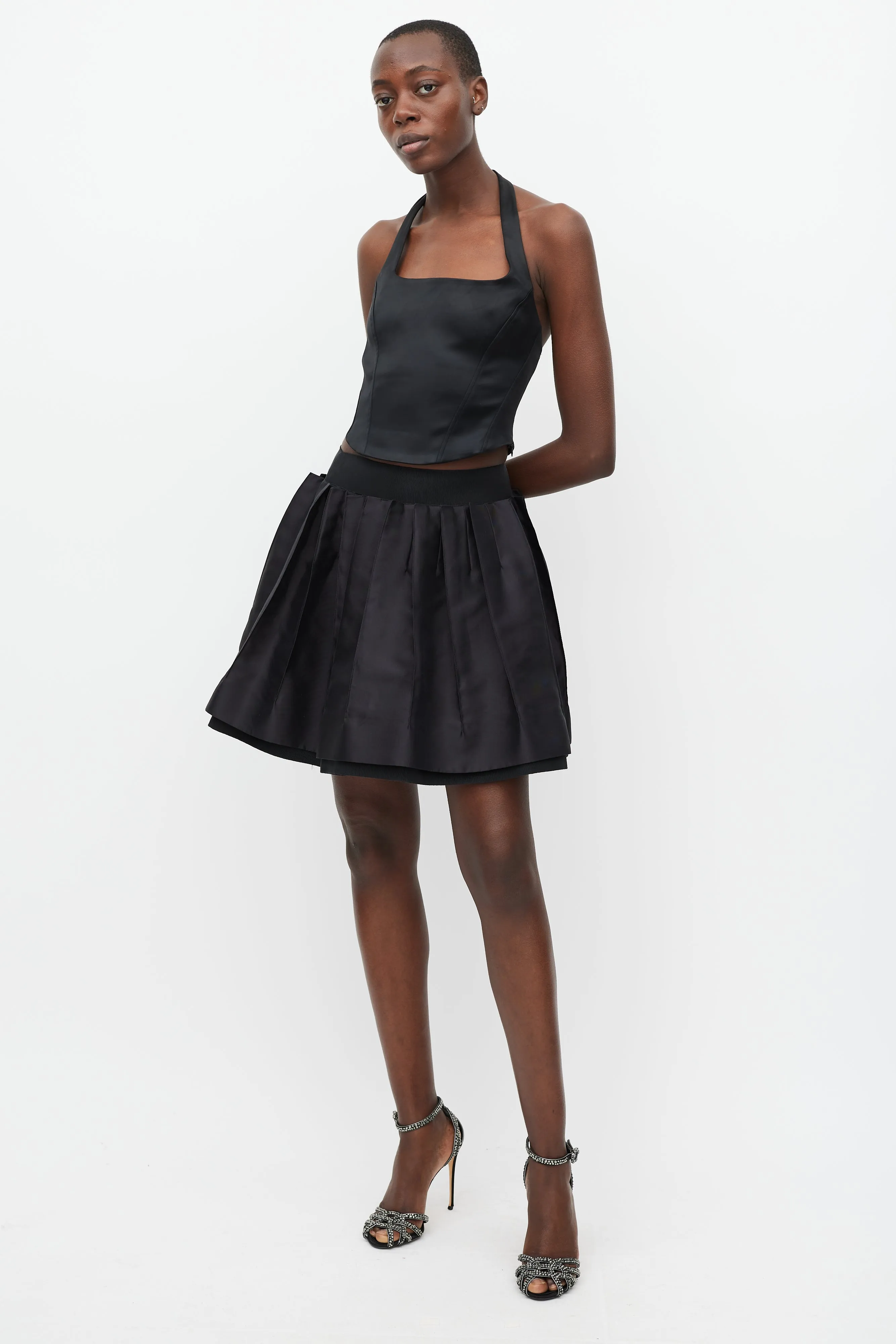 Black Pleat Layered Mini Skirt