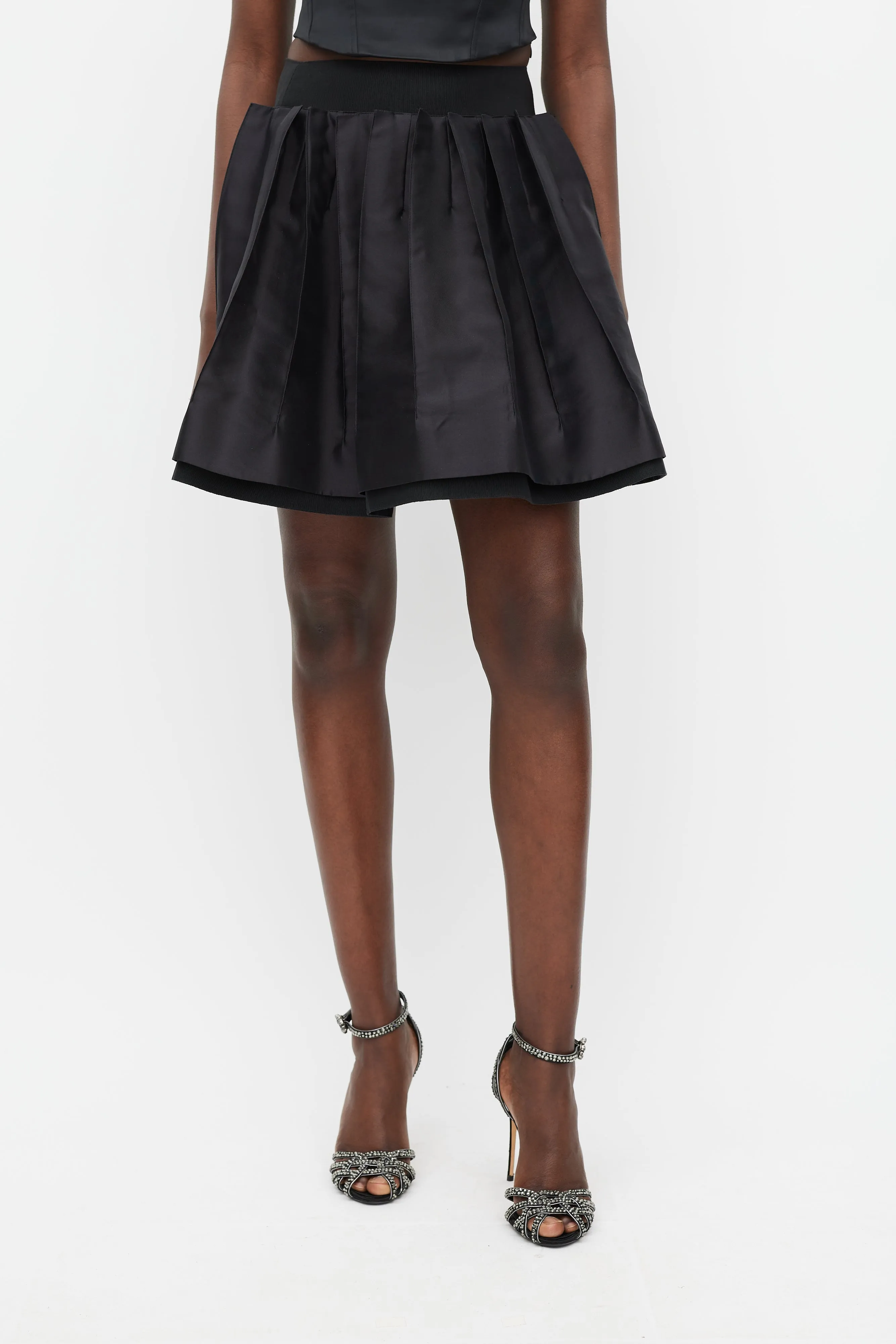 Black Pleat Layered Mini Skirt