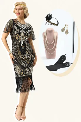 Black Sequins Fringed Cap Sleeves 1920s Dress with Accessories Set