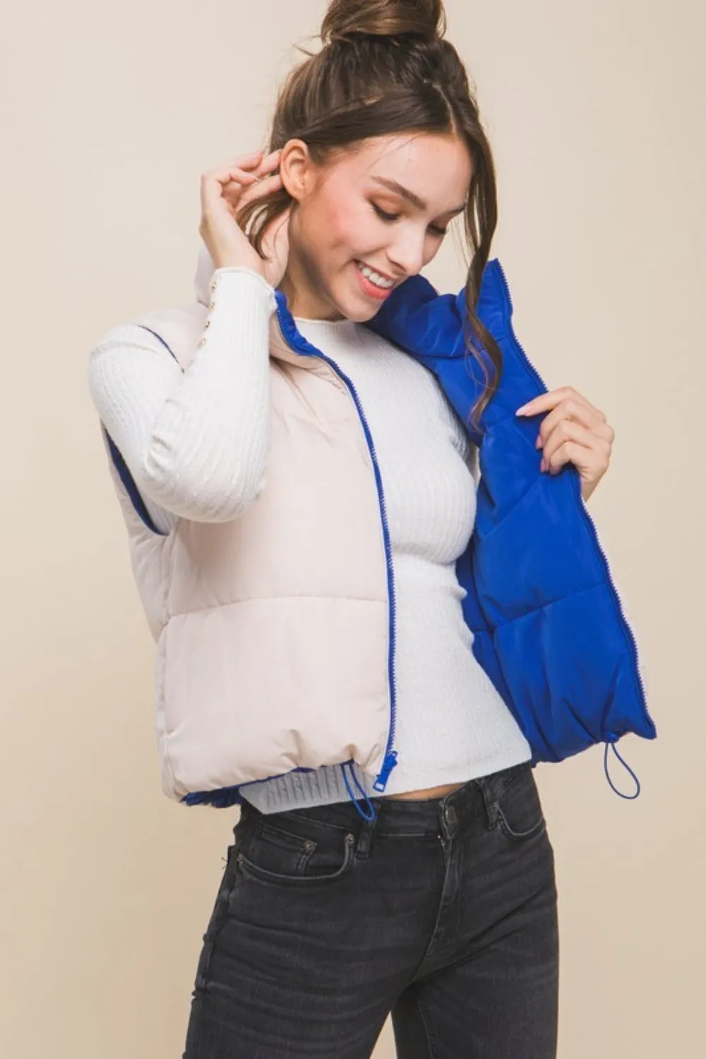Blue Zip Up Cropped Contrast Reversible Vest