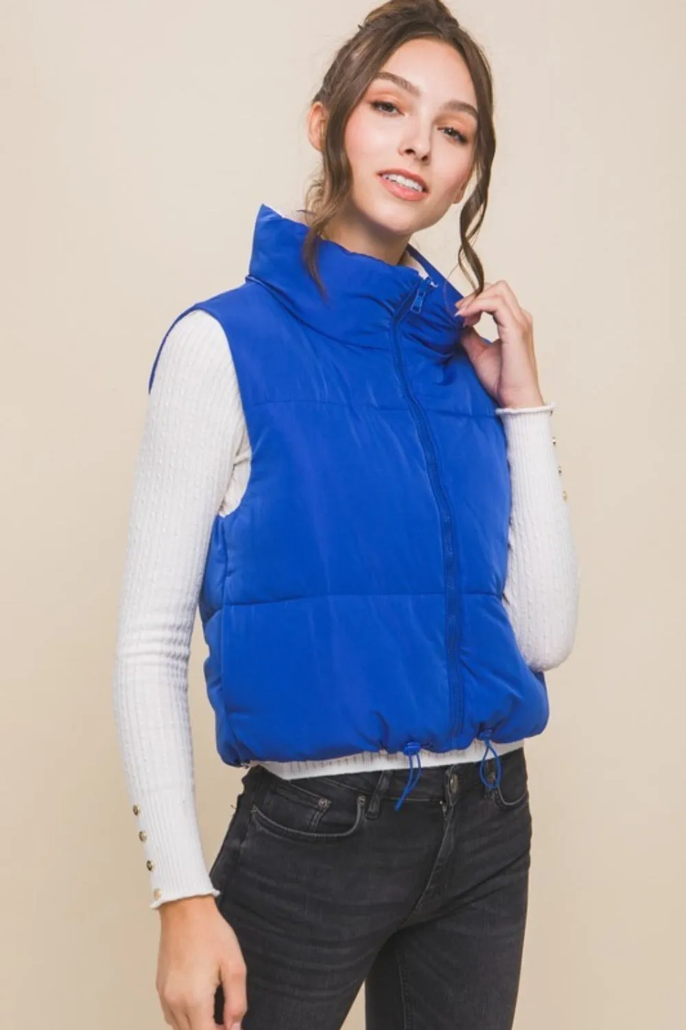 Blue Zip Up Cropped Contrast Reversible Vest