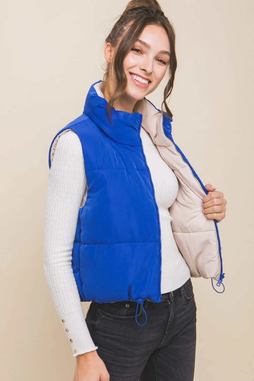 Blue Zip Up Cropped Contrast Reversible Vest
