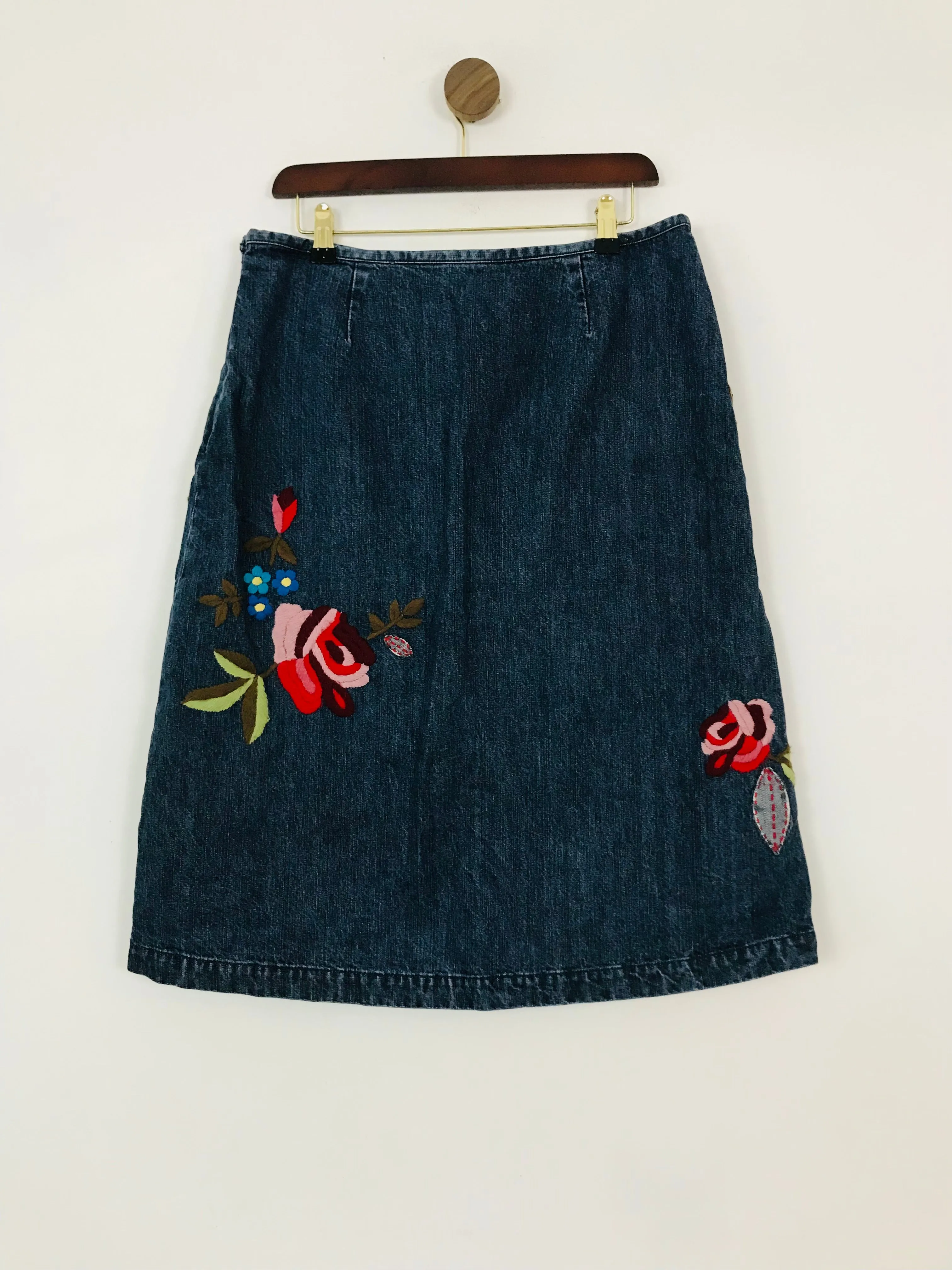 Boden Women's Floral Embroidered Denim A-Line Skirt | UK14 | Blue