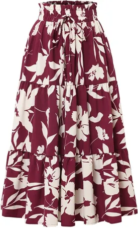 Boho Midi Skirts for Women Summer Layered Tiered Drawstring High Waist Above Knee Skirts Aline Work Floral Print Skirt