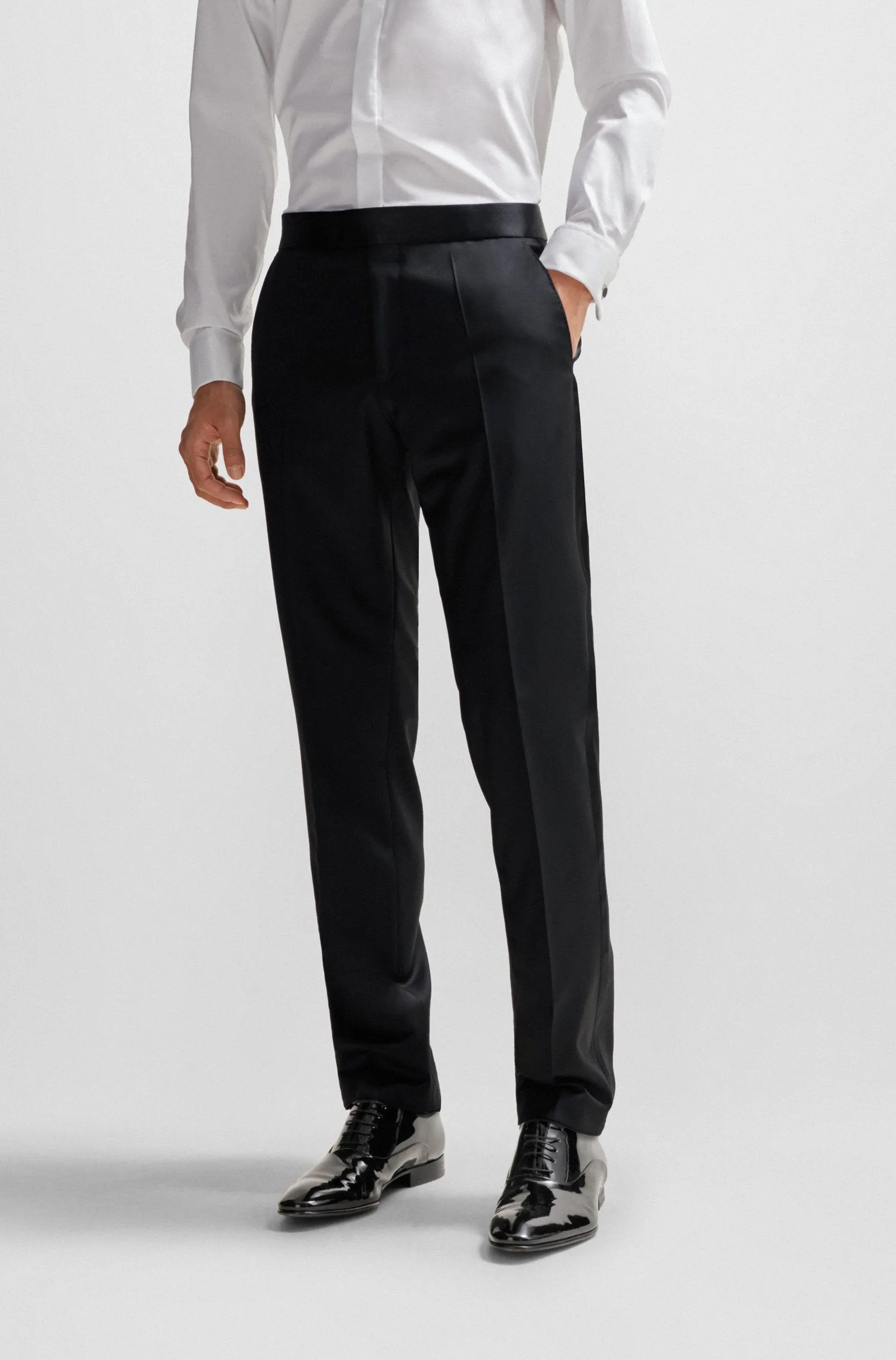 Boss Slim-fit Virgin Wool Tuxedo Trousers - Black