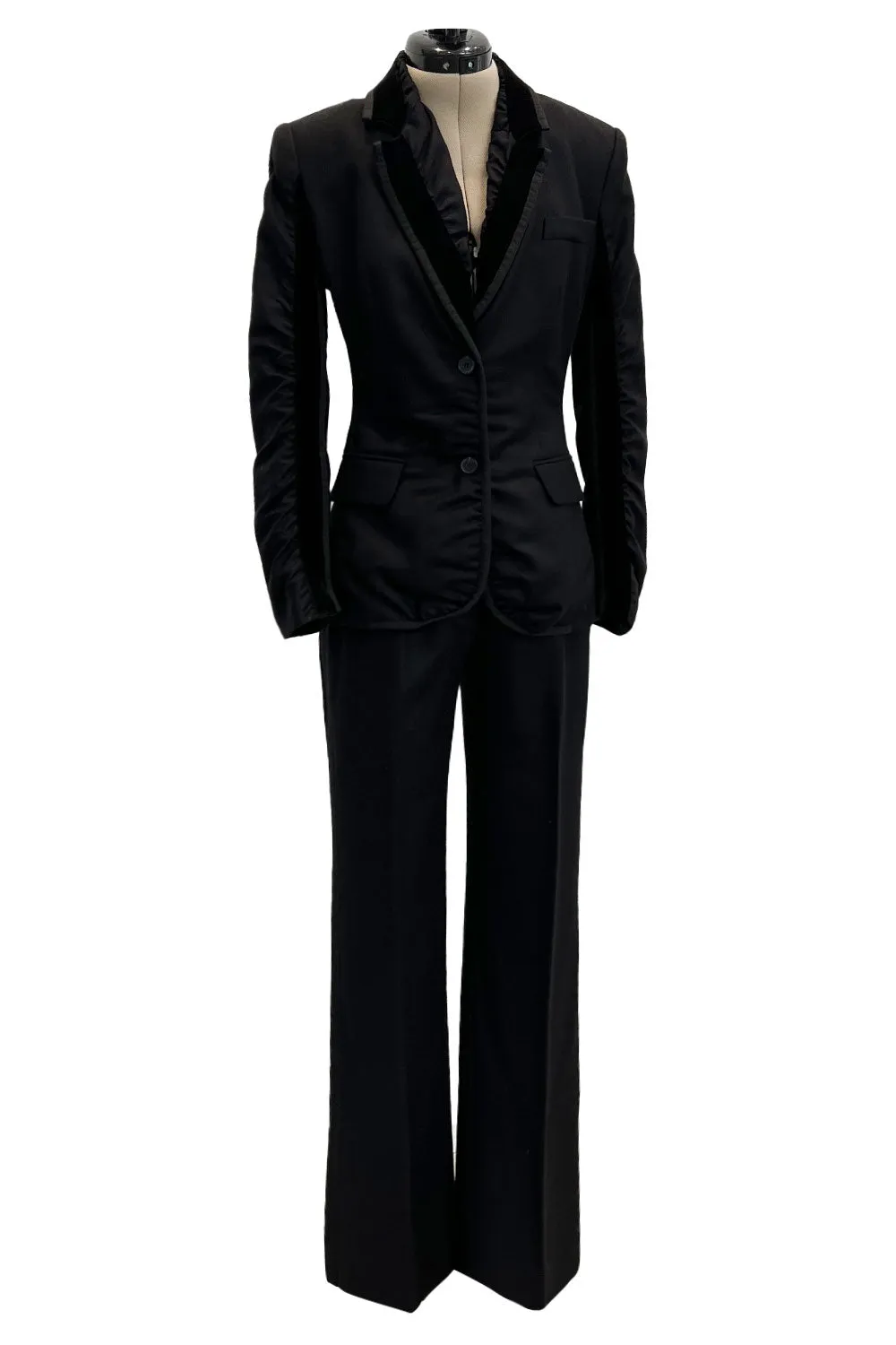 Chic Fall 2002 Yves Saint Laurent by Tom Ford Black Pant Suit w Velvet Trim & Curved Sleeves