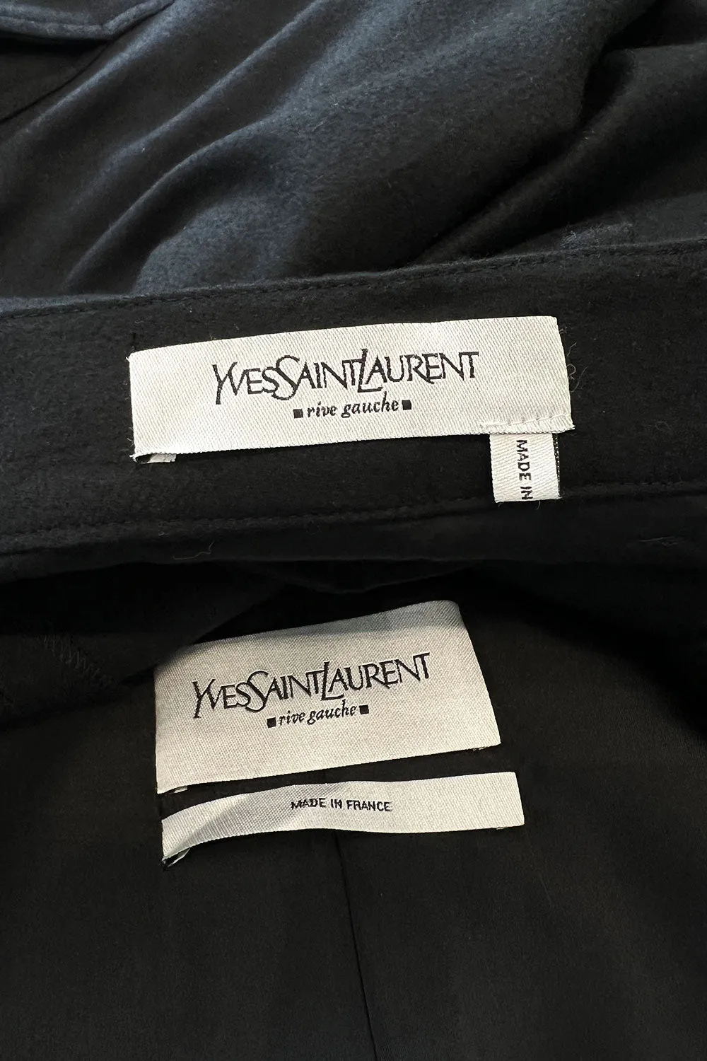 Chic Fall 2002 Yves Saint Laurent by Tom Ford Black Pant Suit w Velvet Trim & Curved Sleeves