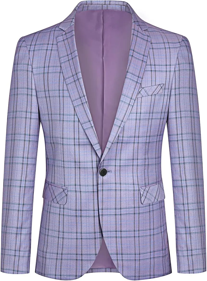 Cloudstyle Mens Formal Suit Jacket Blazer Plaid 2 Button Closure Prom Business Sport Coat