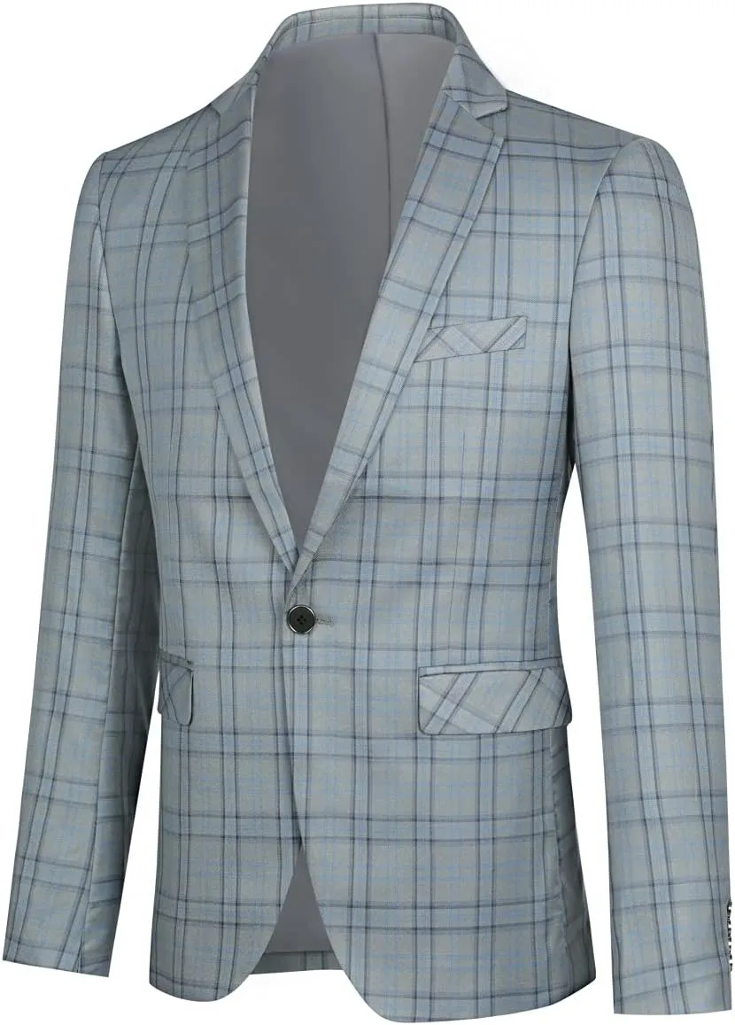 Cloudstyle Mens Formal Suit Jacket Blazer Plaid 2 Button Closure Prom Business Sport Coat