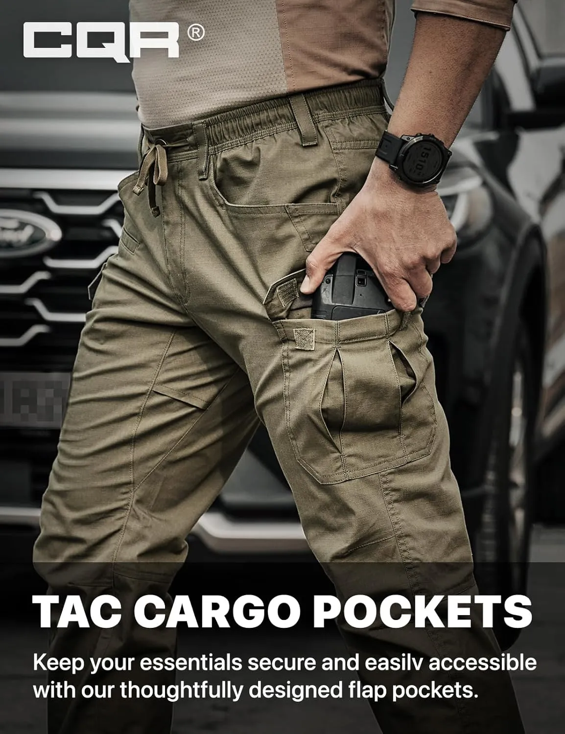 CQR Men's Flex Lightweight Joggers, Elastic Waist Drawstring Casual Pants, Tapered Fit Water Resistant Outdoor Cargo Pants