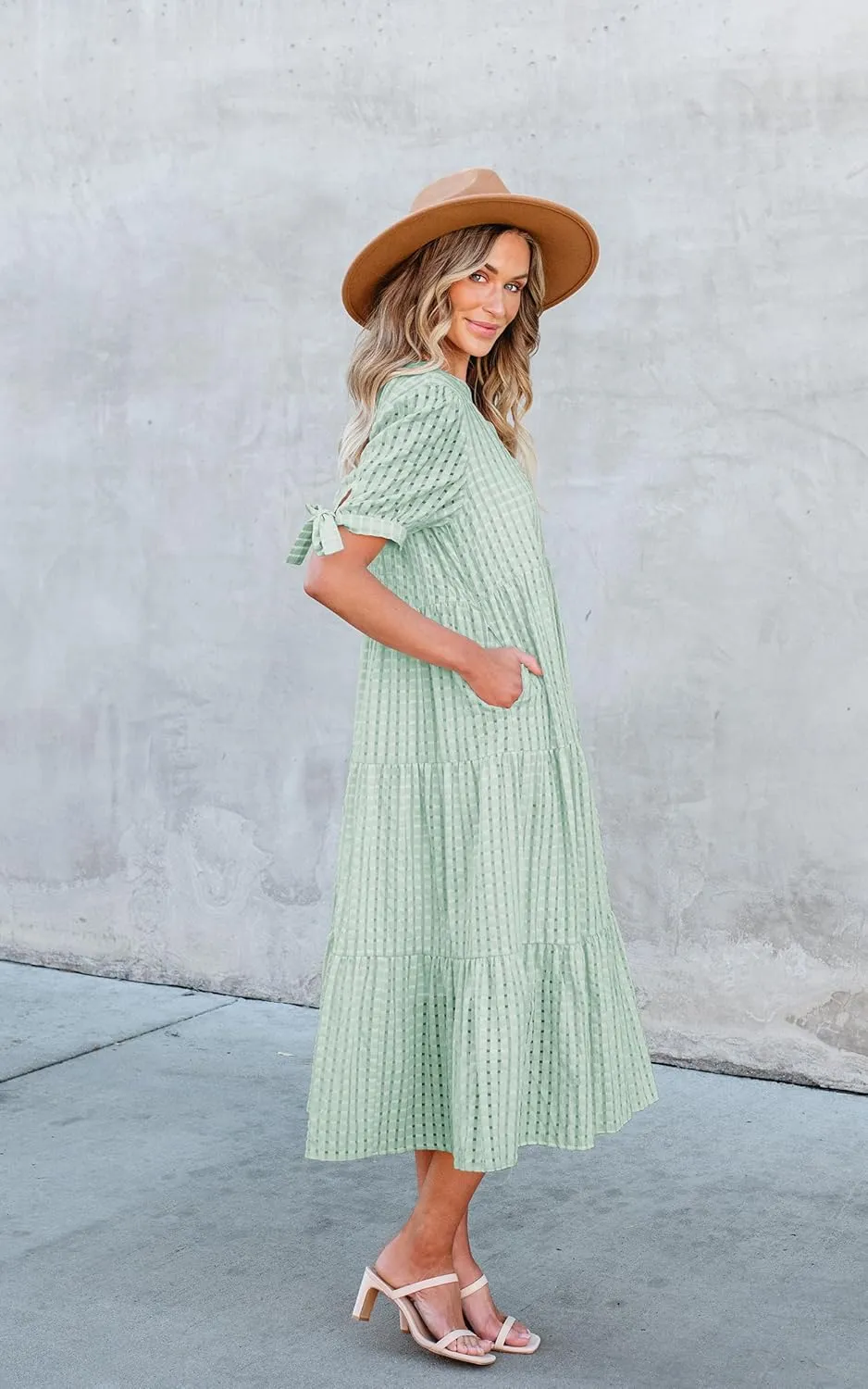 ECOWISH Women Summer Casual Dress - V Neck Short Sleeve Gingham Midi Pleated Tiered Loose Fit Holiday Picnic Dresses