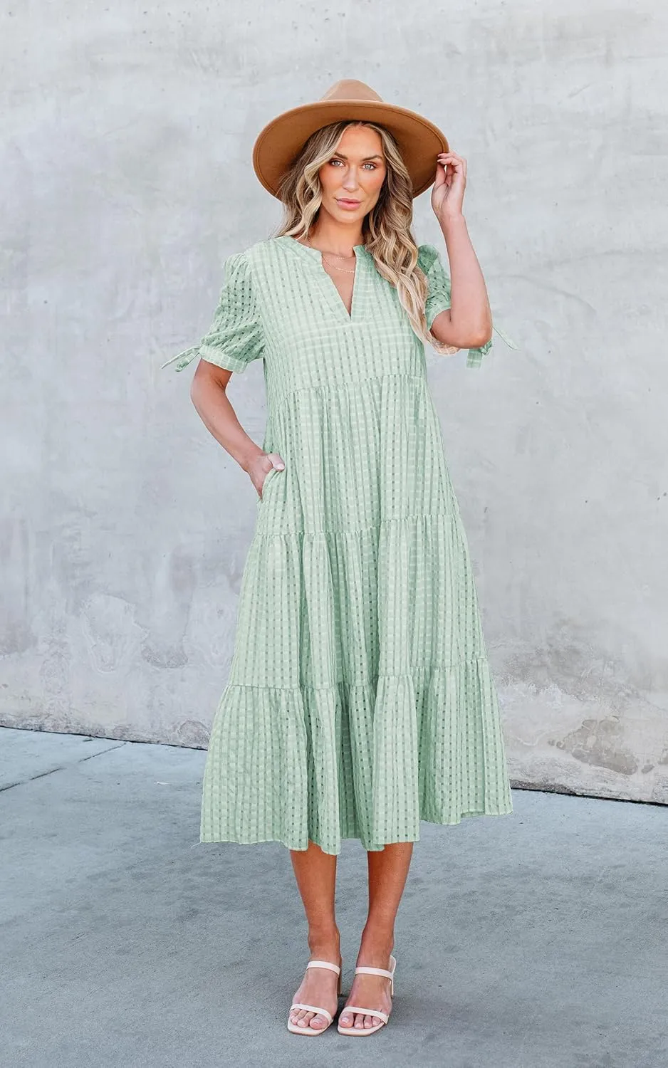ECOWISH Women Summer Casual Dress - V Neck Short Sleeve Gingham Midi Pleated Tiered Loose Fit Holiday Picnic Dresses