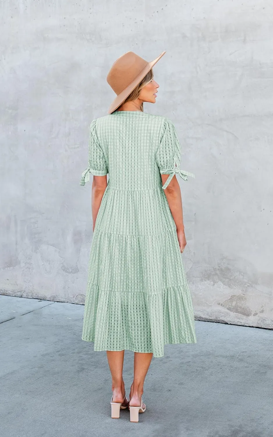 ECOWISH Women Summer Casual Dress - V Neck Short Sleeve Gingham Midi Pleated Tiered Loose Fit Holiday Picnic Dresses