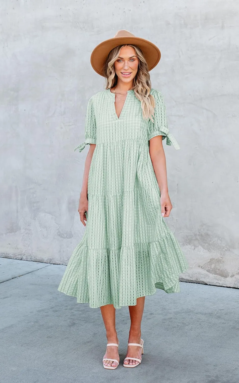 ECOWISH Women Summer Casual Dress - V Neck Short Sleeve Gingham Midi Pleated Tiered Loose Fit Holiday Picnic Dresses
