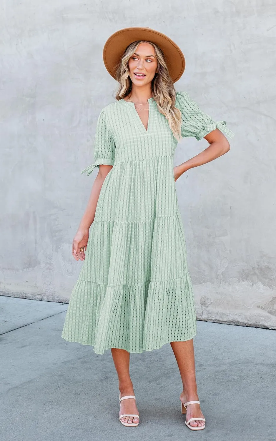 ECOWISH Women Summer Casual Dress - V Neck Short Sleeve Gingham Midi Pleated Tiered Loose Fit Holiday Picnic Dresses