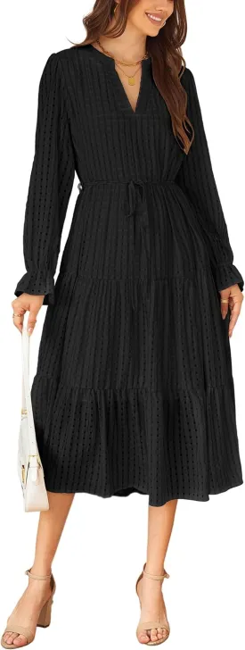 ECOWISH Women Summer Casual Dress - V Neck Short Sleeve Gingham Midi Pleated Tiered Loose Fit Holiday Picnic Dresses