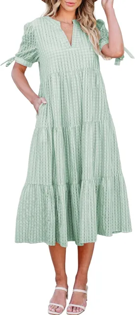 ECOWISH Women Summer Casual Dress - V Neck Short Sleeve Gingham Midi Pleated Tiered Loose Fit Holiday Picnic Dresses