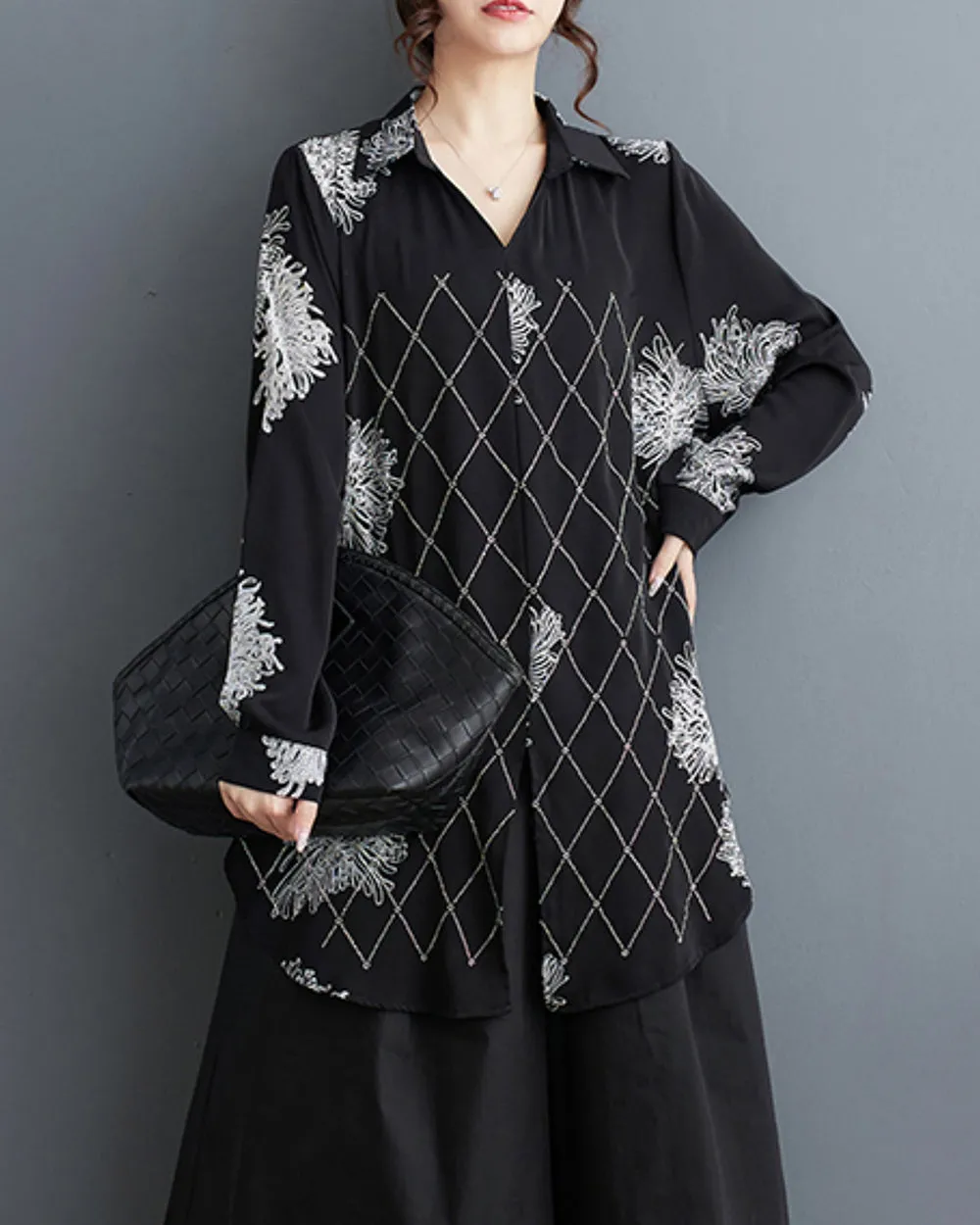 ellazhu Women's Long Sleeves Floral Print V-Neck Side Slit Shirt T-Shirt GZ193