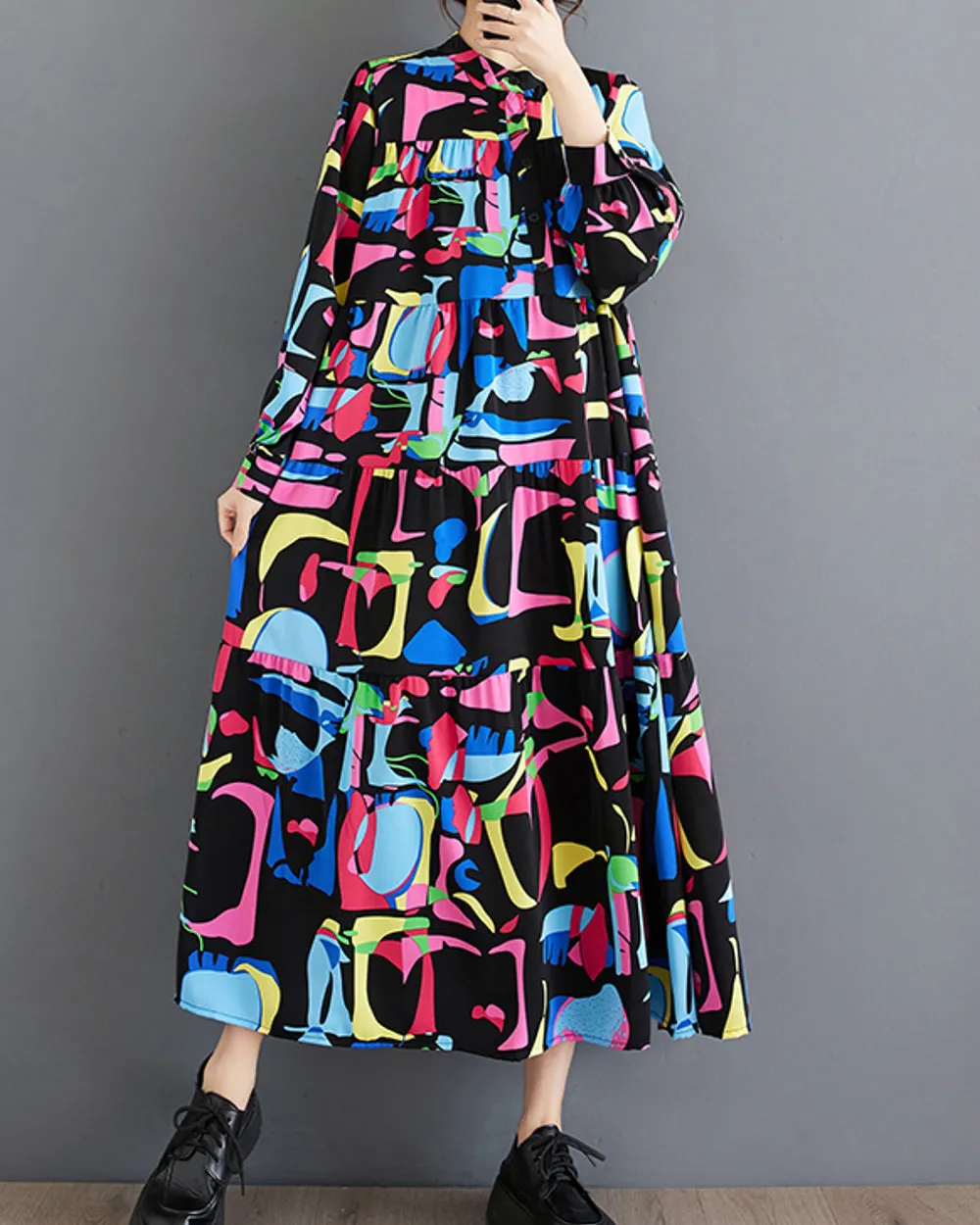 ellazhu Women's Long Sleeves Maxi Length Patchwork Pattern Print Flowy Hem Dress GZ160
