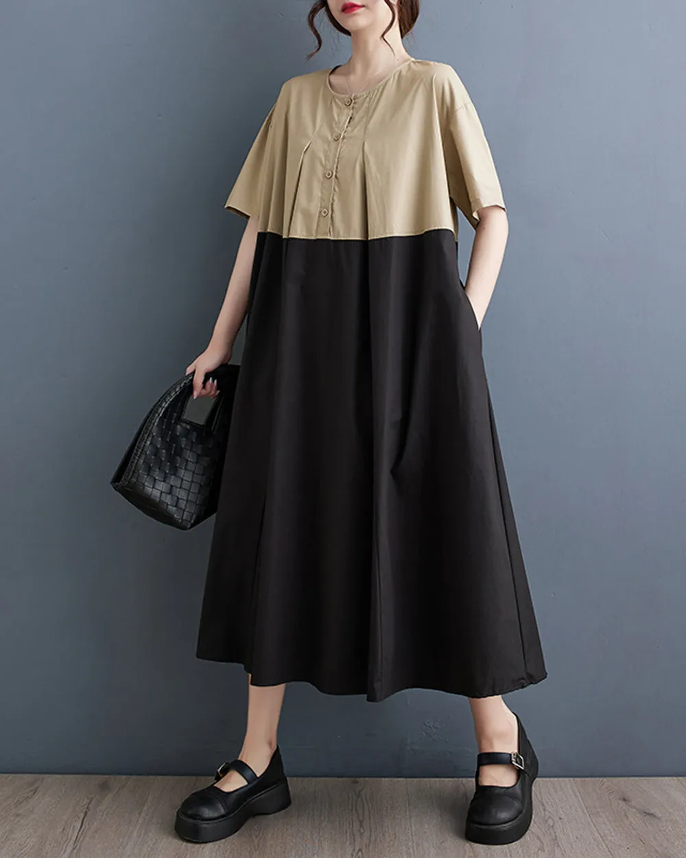 ellazhu Women's Short Sleeves Maxi Length Color Patchwork Casual Shirt Dress GZ169