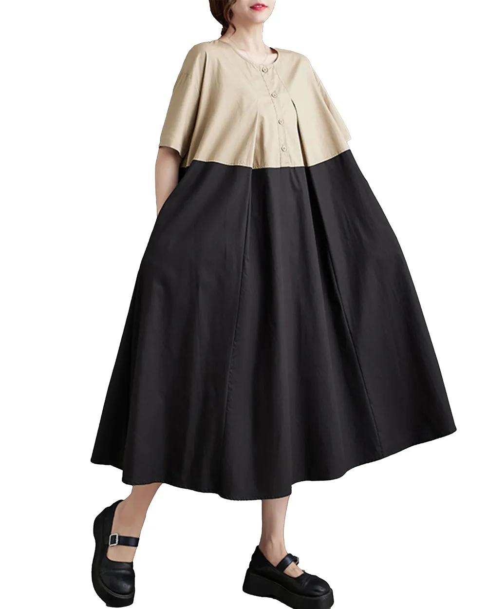 ellazhu Women's Short Sleeves Maxi Length Color Patchwork Casual Shirt Dress GZ169