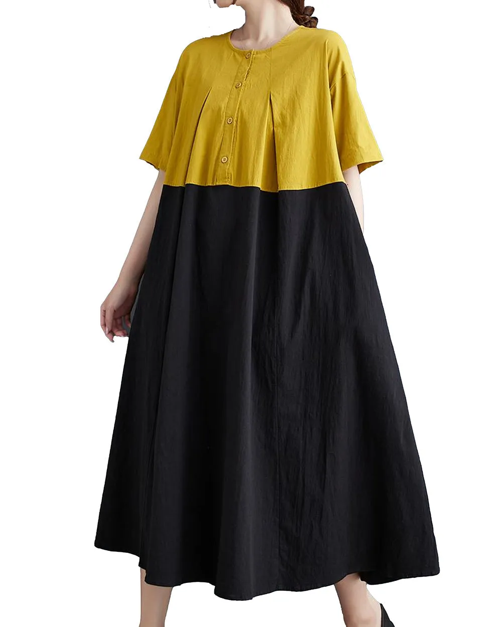 ellazhu Women's Short Sleeves Maxi Length Color Patchwork Casual Shirt Dress GZ169