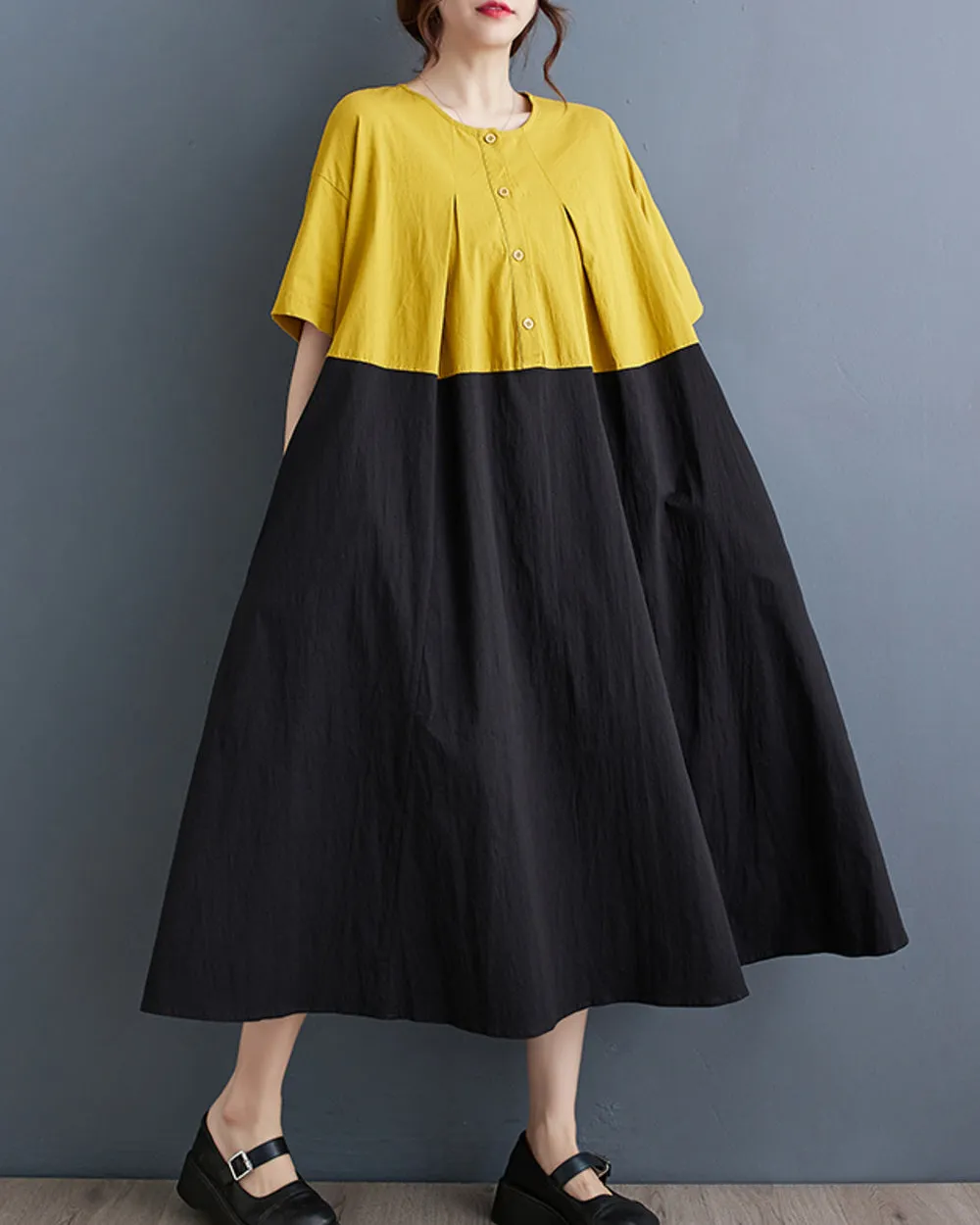 ellazhu Women's Short Sleeves Maxi Length Color Patchwork Casual Shirt Dress GZ169