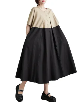 ellazhu Women's Short Sleeves Maxi Length Color Patchwork Casual Shirt Dress GZ169