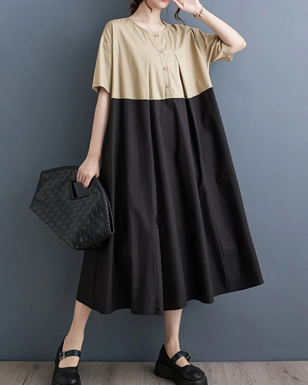 ellazhu Women's Short Sleeves Maxi Length Color Patchwork Casual Shirt Dress GZ169