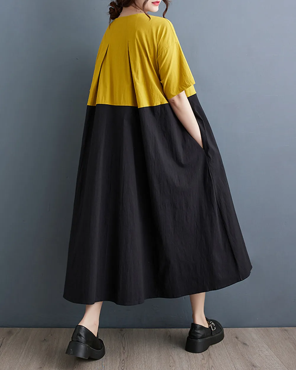 ellazhu Women's Short Sleeves Maxi Length Color Patchwork Casual Shirt Dress GZ169