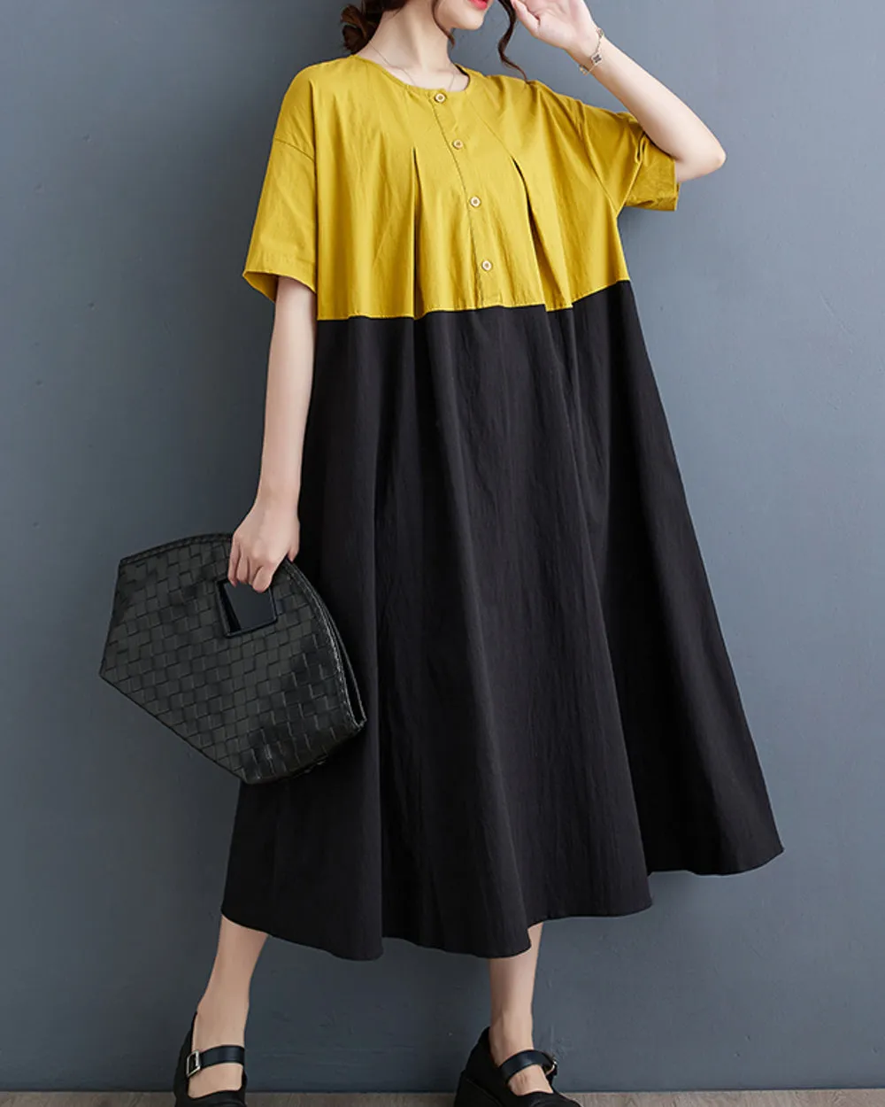 ellazhu Women's Short Sleeves Maxi Length Color Patchwork Casual Shirt Dress GZ169