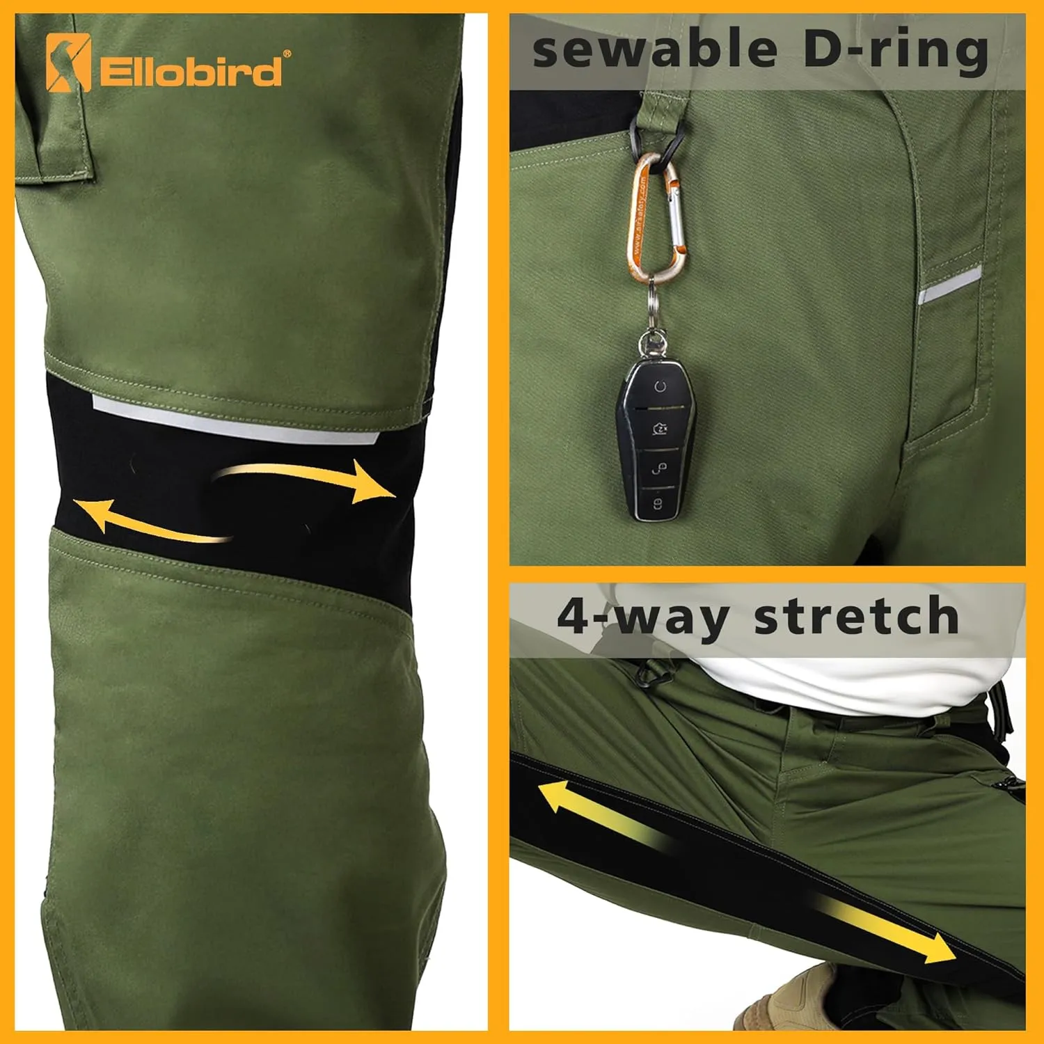 Ellobird Men's Construction Work Utility Pants Relaxed Fit Stretch Flex Cordura Double Knee Reinforcement Carpenter Cargo