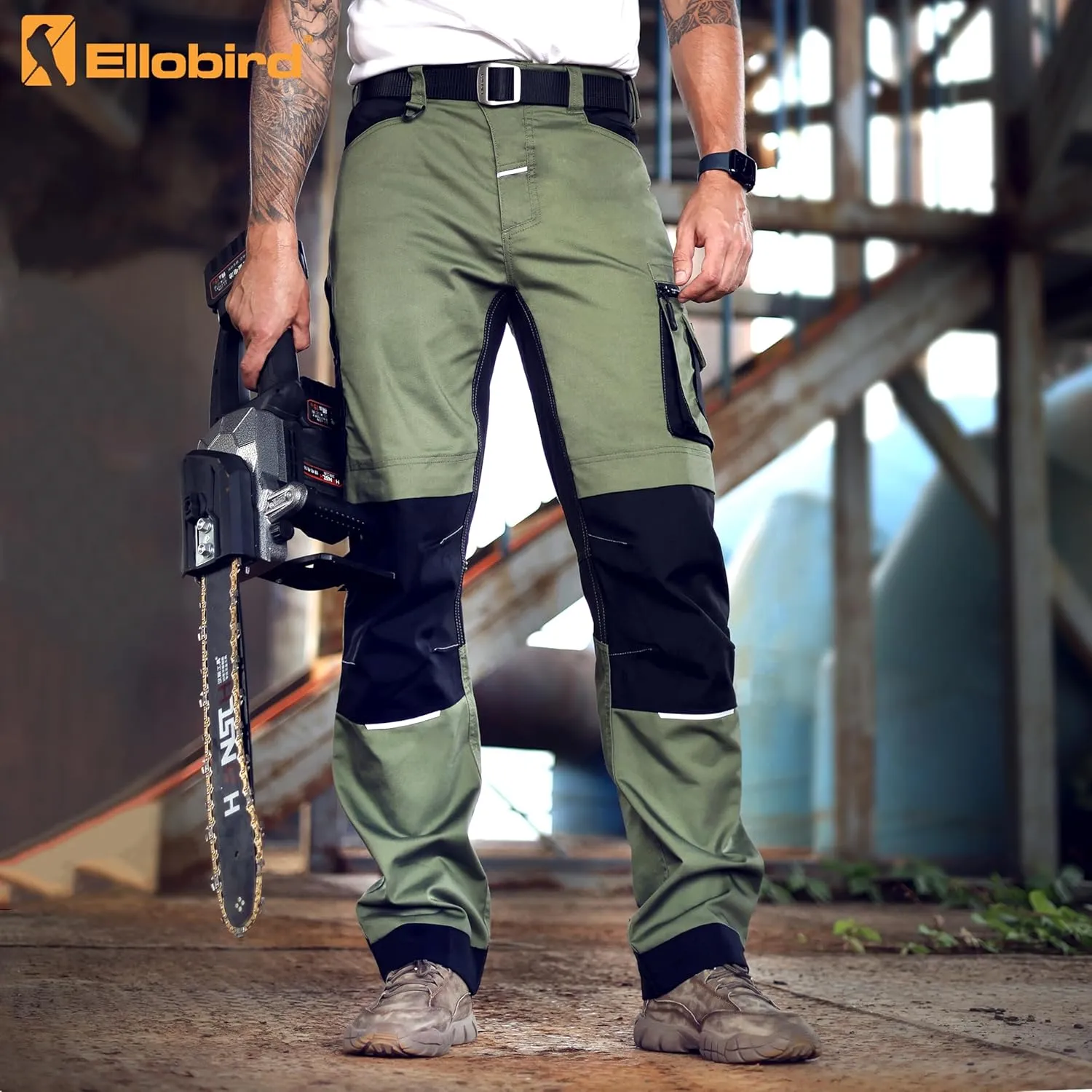 Ellobird Men's Construction Work Utility Pants Relaxed Fit Stretch Flex Cordura Double Knee Reinforcement Carpenter Cargo