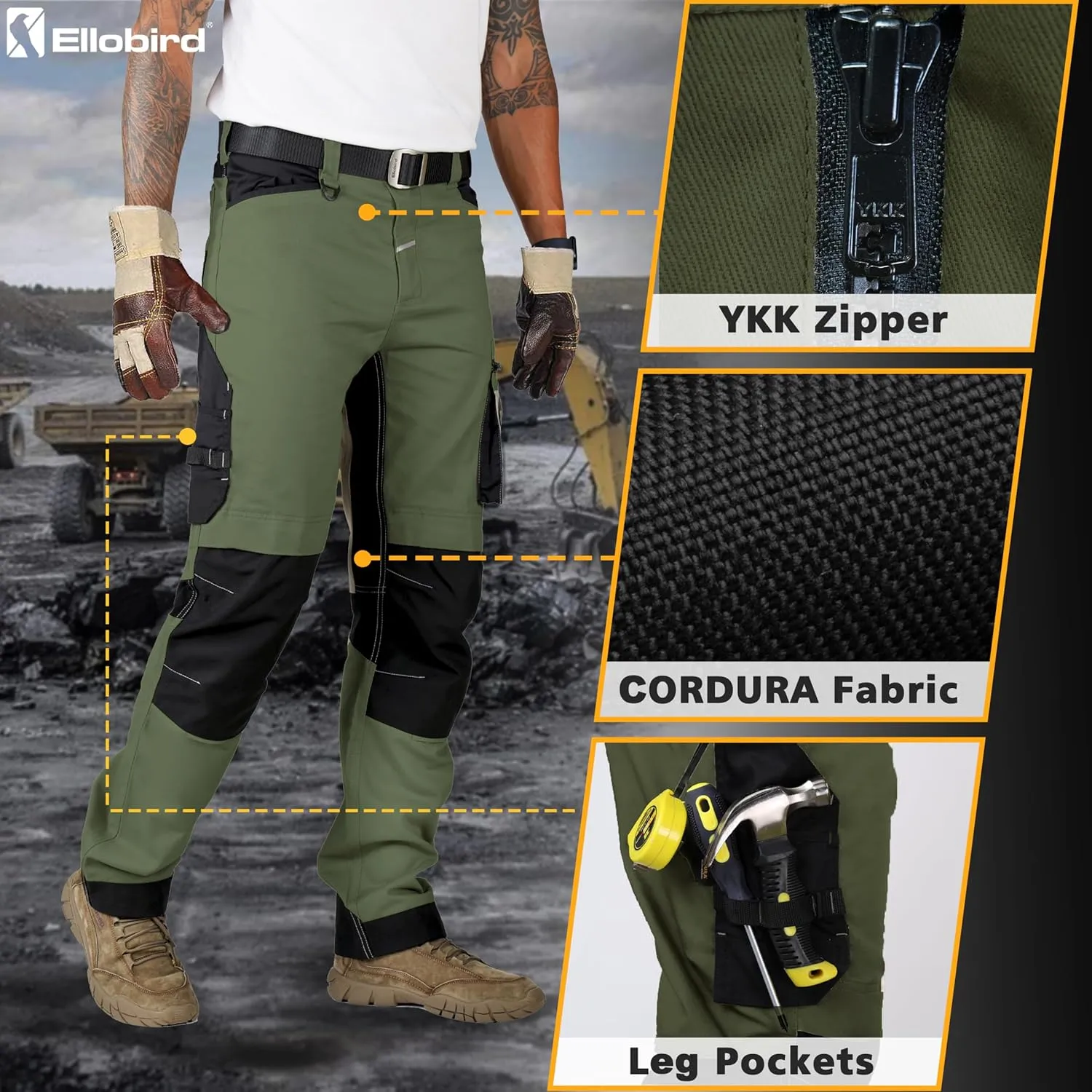 Ellobird Men's Construction Work Utility Pants Relaxed Fit Stretch Flex Cordura Double Knee Reinforcement Carpenter Cargo