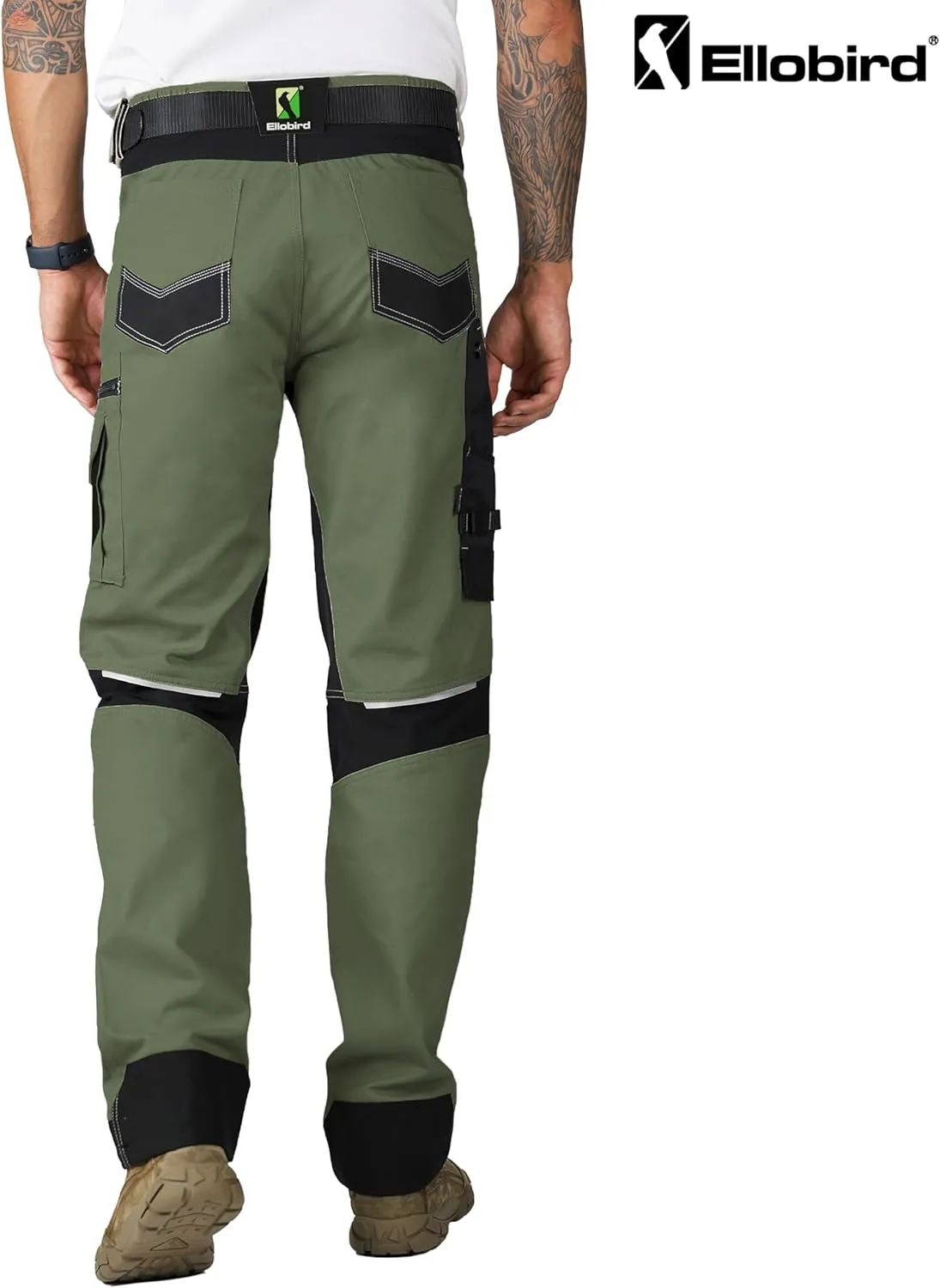 Ellobird Men's Construction Work Utility Pants Relaxed Fit Stretch Flex Cordura Double Knee Reinforcement Carpenter Cargo