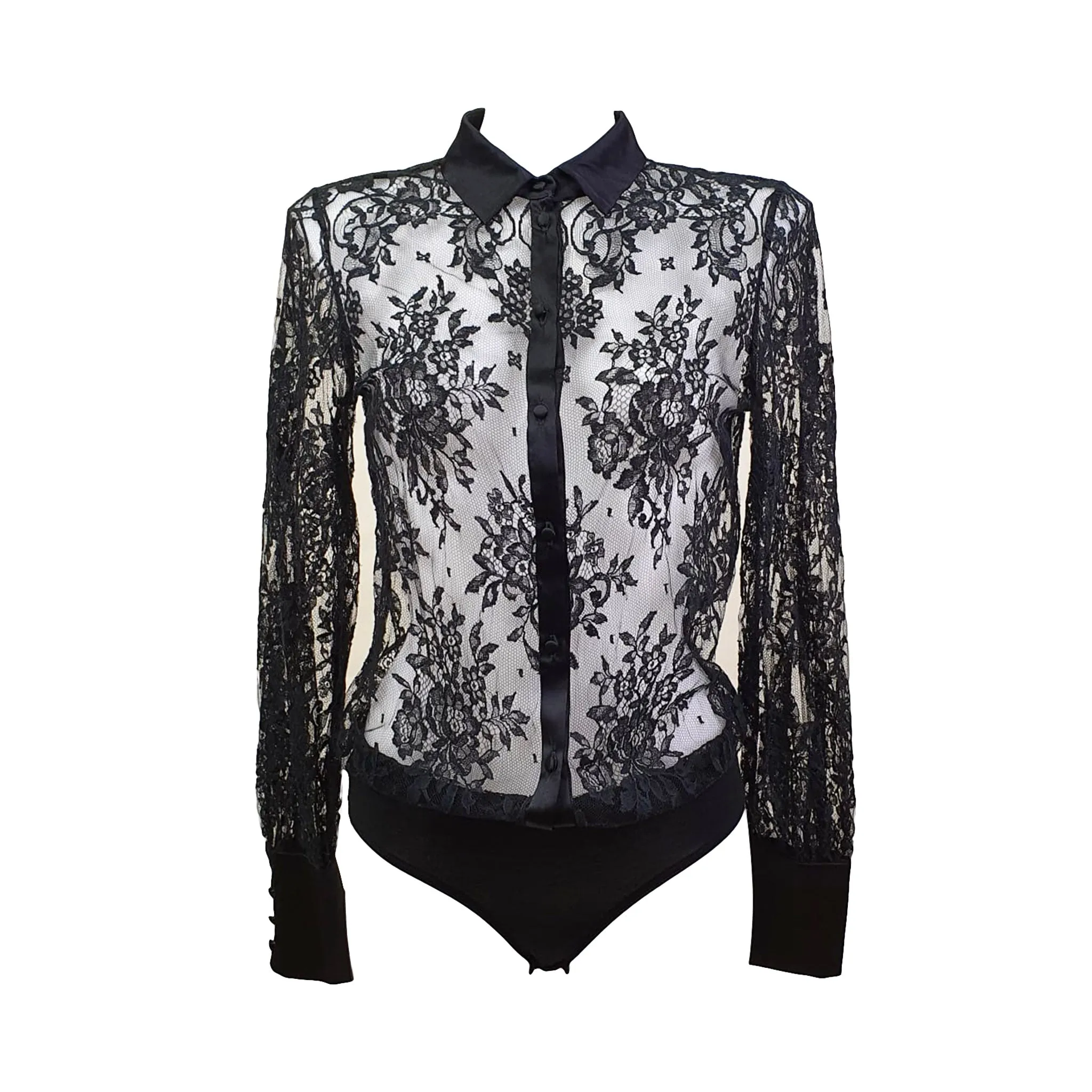 Fatal Attraction Chantilly Lace Shirt Bodysuit With Silk Trim