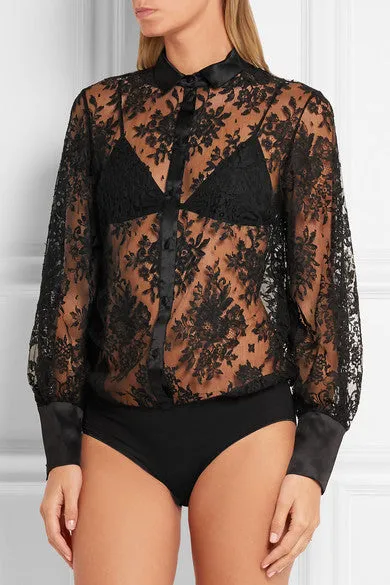 Fatal Attraction Chantilly Lace Shirt Bodysuit With Silk Trim