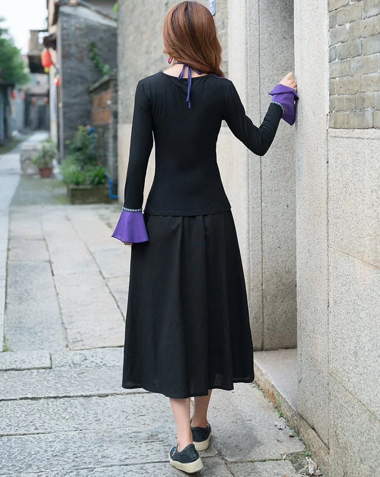 Floral Embroidery Traditional Chinese Style Pleated Expansion Skirt