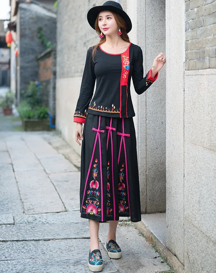 Floral Embroidery Traditional Chinese Style Pleated Expansion Skirt