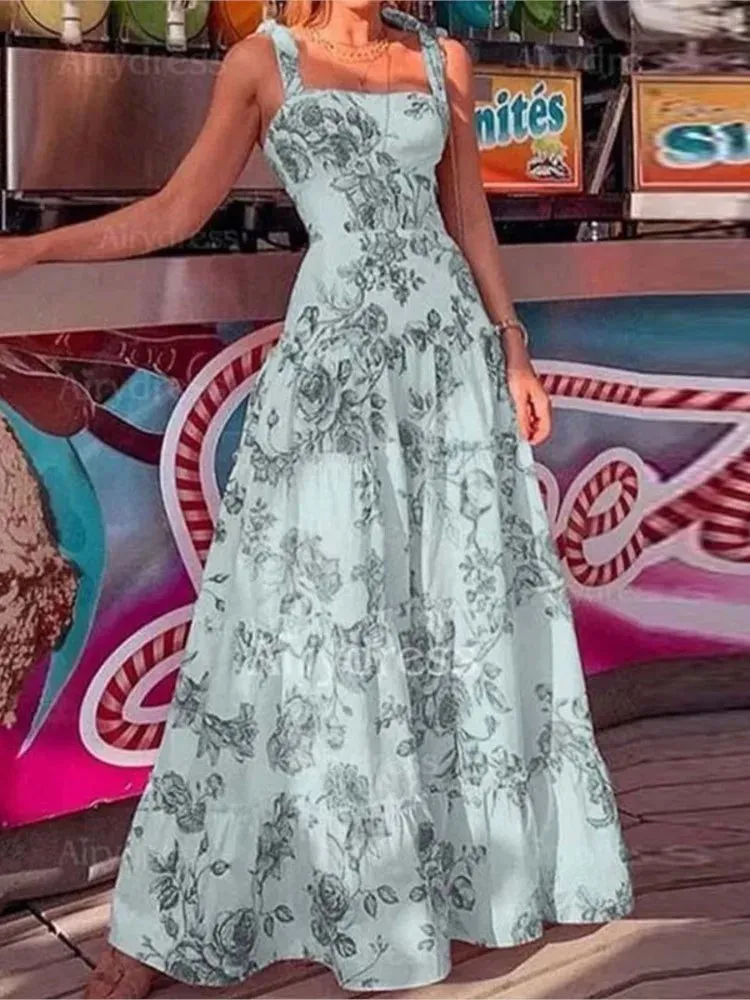 Flower Printed Spaghetti Strap High Waist Maxi Dress