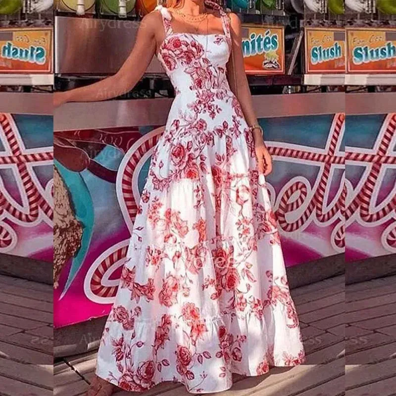 Flower Printed Spaghetti Strap High Waist Maxi Dress