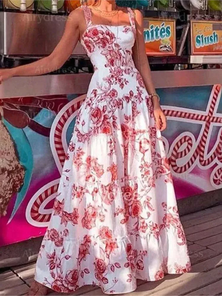 Flower Printed Spaghetti Strap High Waist Maxi Dress