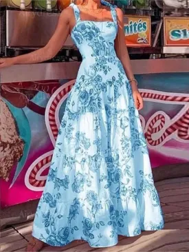 Flower Printed Spaghetti Strap High Waist Maxi Dress