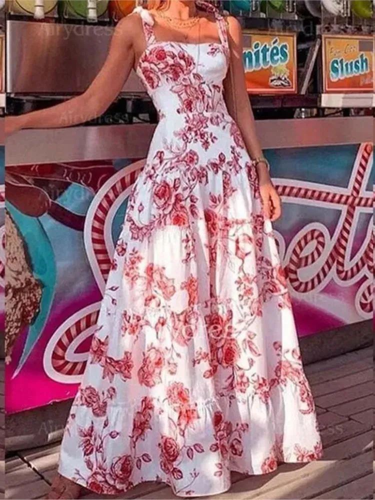 Flower Printed Spaghetti Strap High Waist Maxi Dress