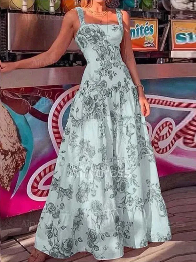 Flower Printed Spaghetti Strap High Waist Maxi Dress